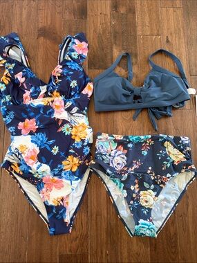 NWT, CUPSHE  Navy Floral One-Piece & Bikini Set with Blue Top/bundle of 2 suits